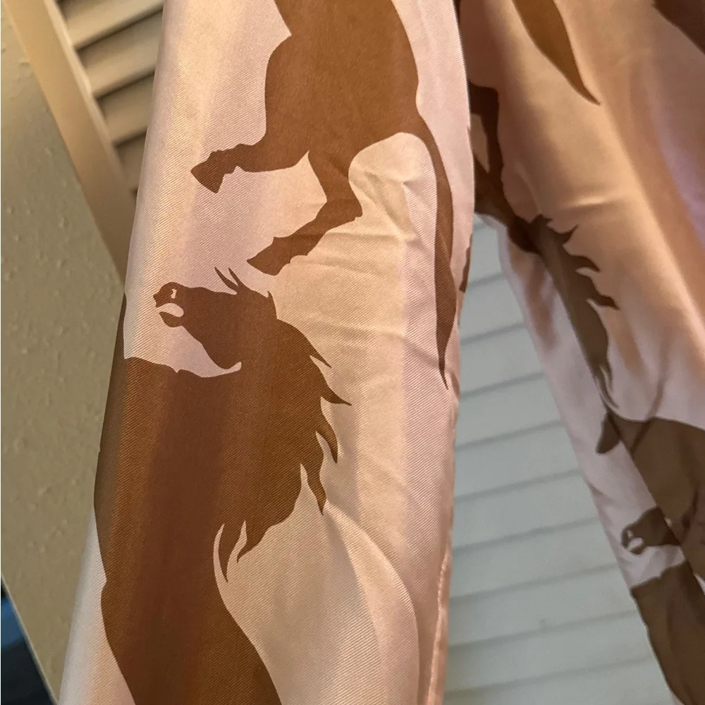 100% Silk Horse Print Long Sleeve Shirt Pink + Brown | Y2K Designer - Picture 4 of 12